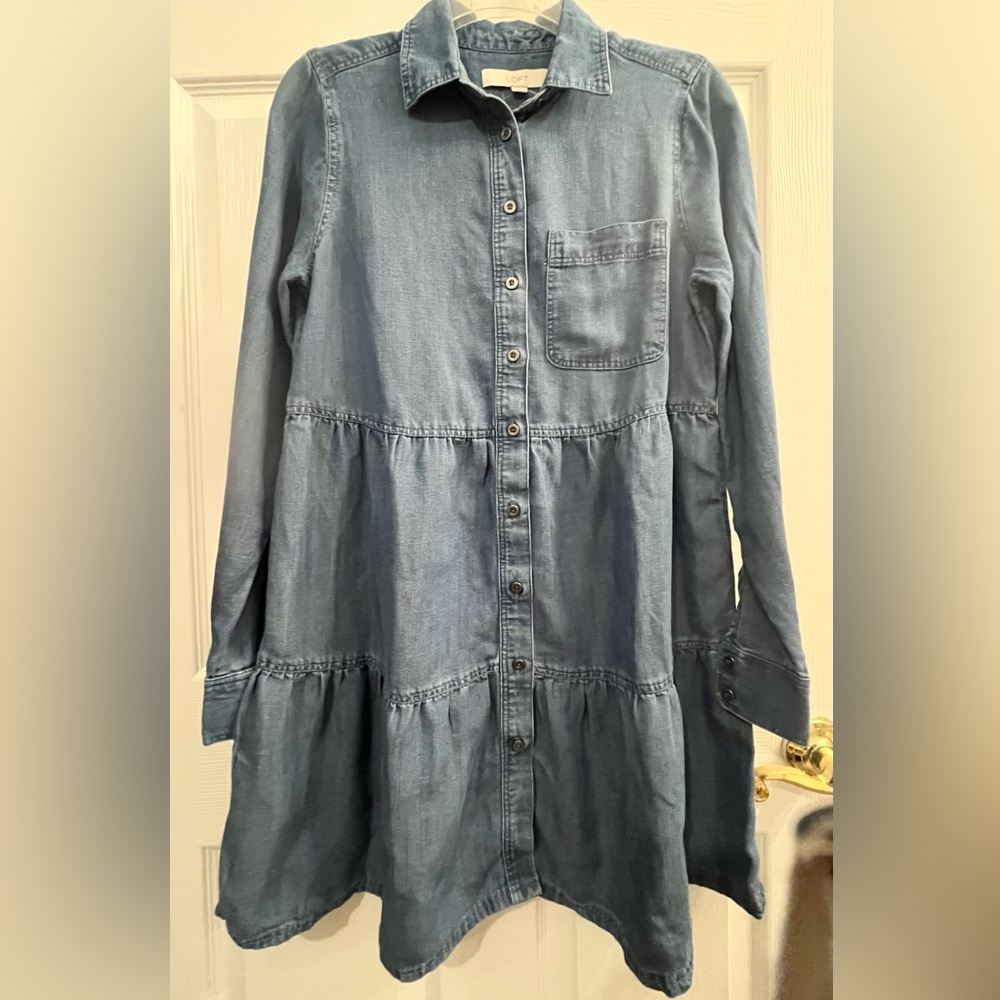 Loft Chambray Tiered Long Sleeves Swing Button Up Lyocell Linen Mini Dress